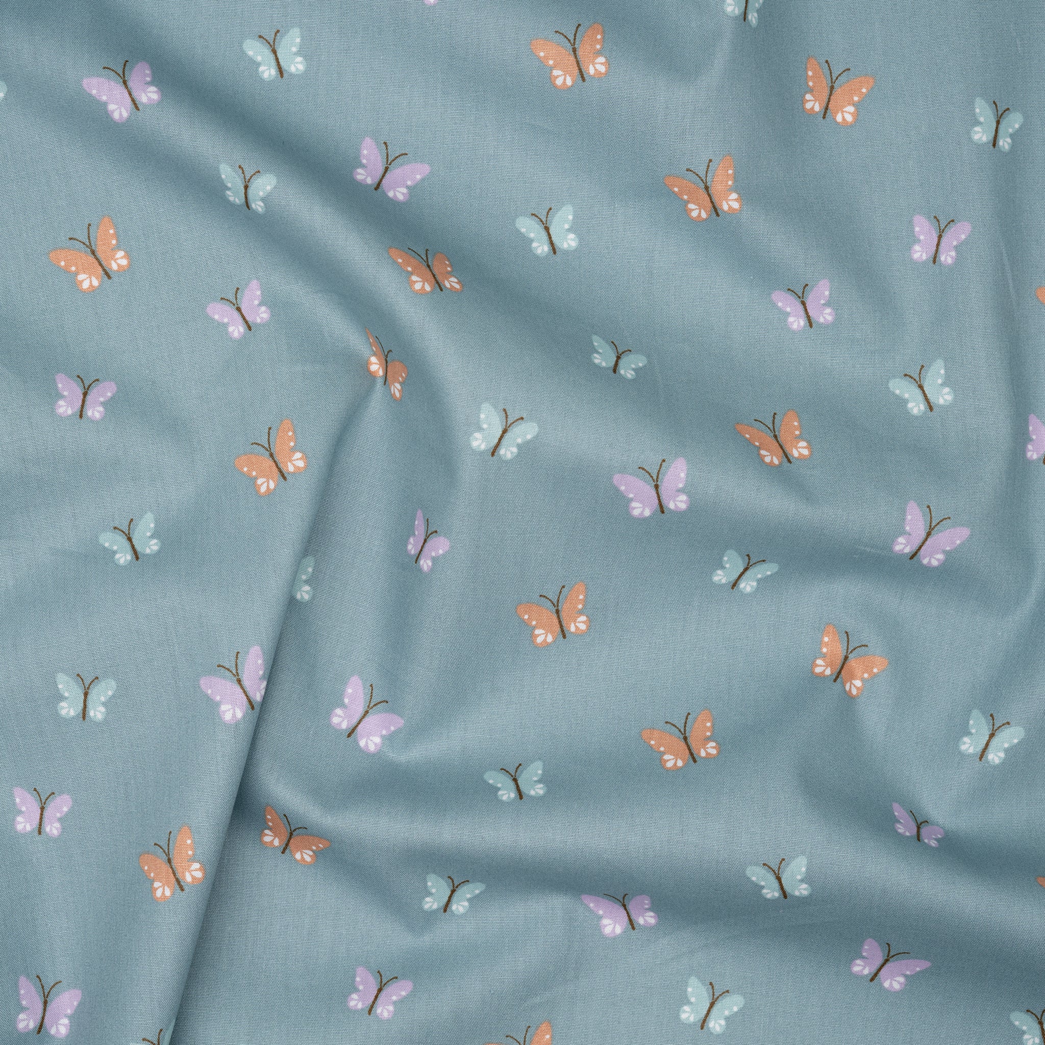 Bio Baumwolle Popeline Bunte Schmetterlinge Mint Lila Orange | Stoffwerk