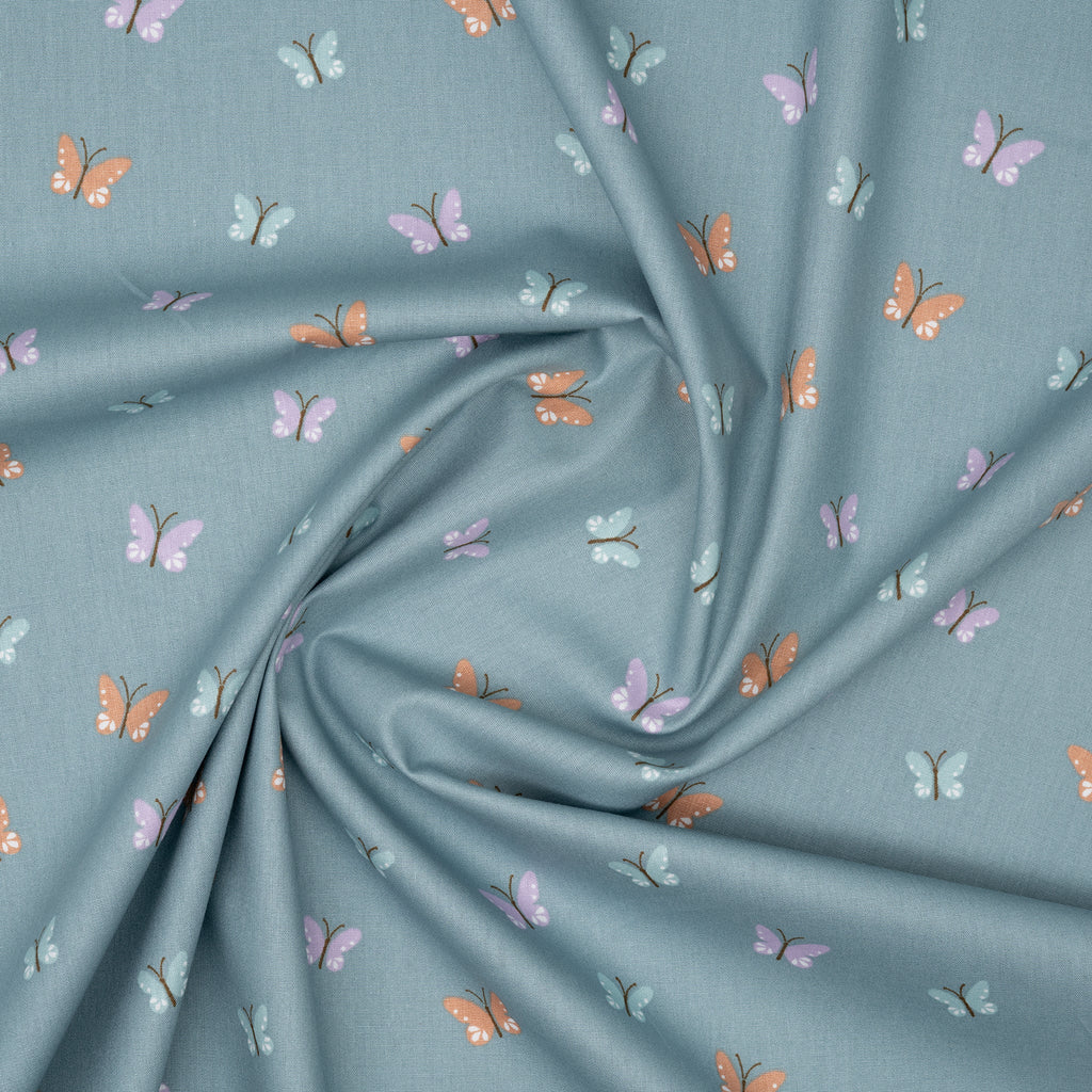 Bio Baumwolle Popeline Bunte Schmetterlinge Mint Lila Orange | Stoffwerk