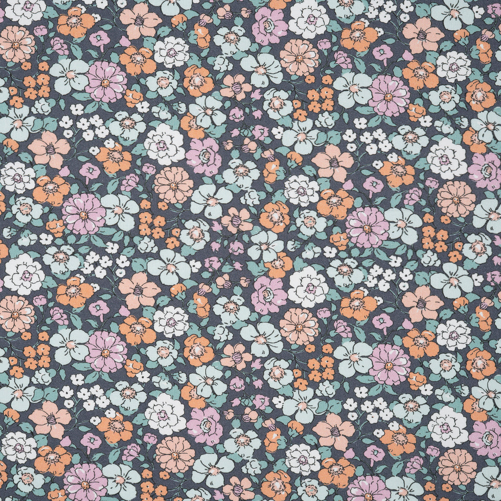 Bio Baumwolle Popeline Vintage Blume Bunt Orange Blau Grau | Stoffwerk