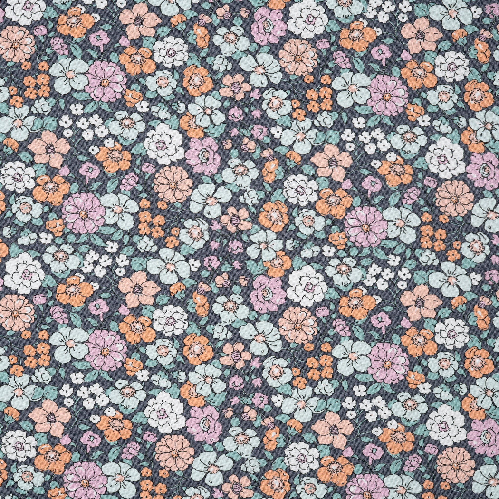 Bio Baumwolle Popeline Vintage Blume Bunt Orange Blau Grau | Stoffwerk