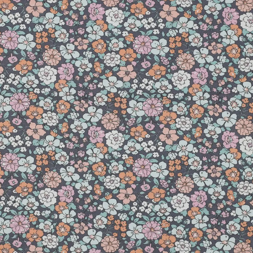 Bio Baumwolle Popeline Vintage Blume bunt orange blau grau