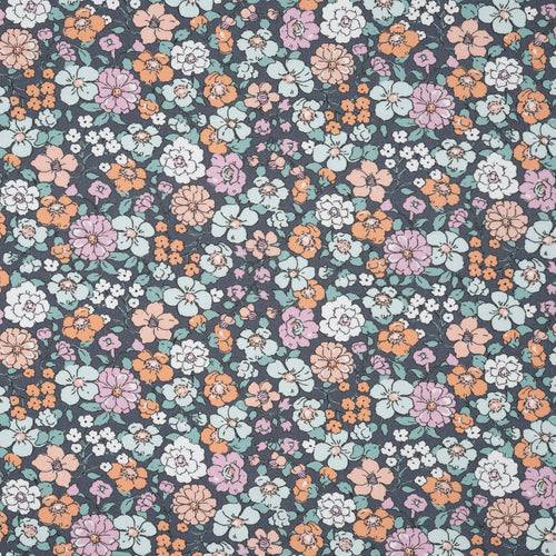 Bio Baumwolle Popeline Vintage Blume Bunt Orange Blau Grau