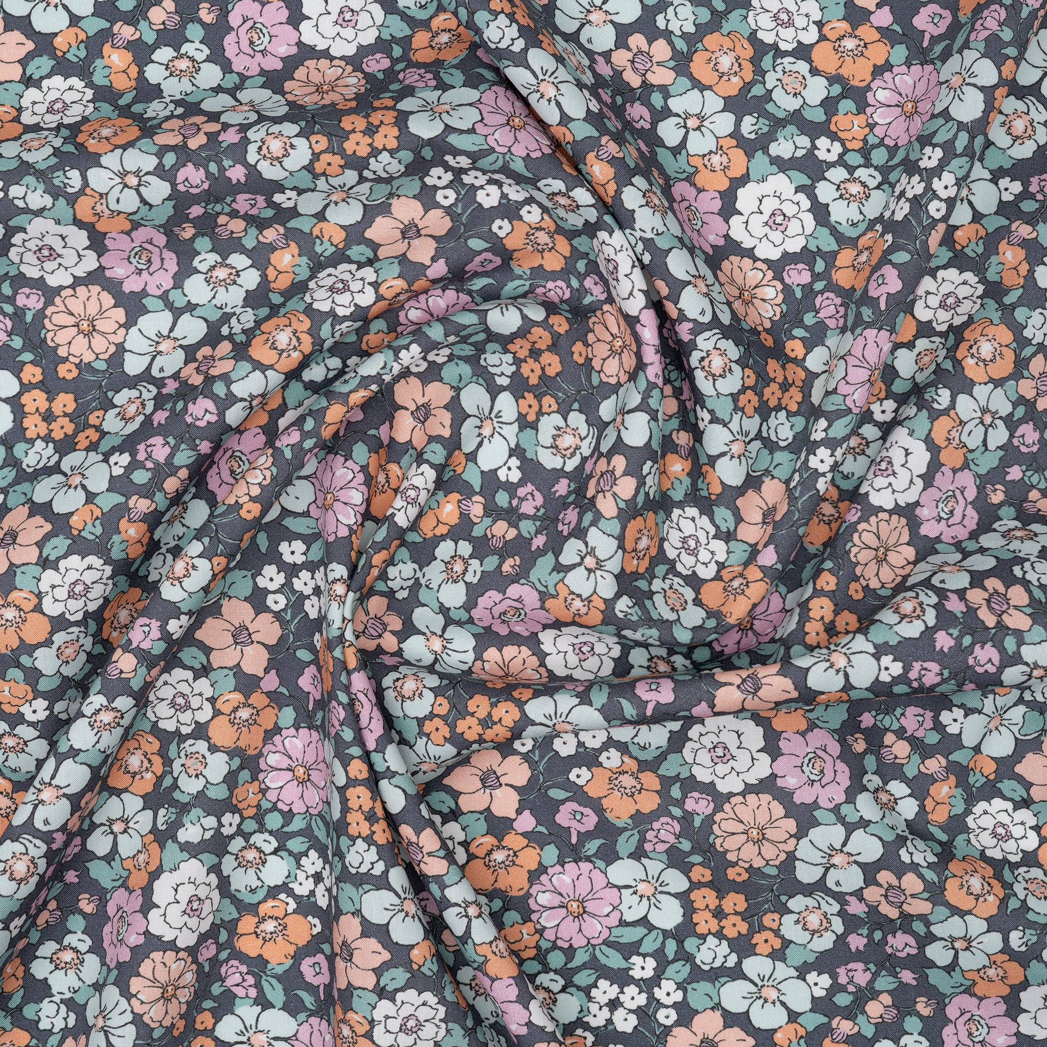 Bio Baumwolle Popeline Vintage Blume Bunt Orange Blau Grau | Stoffwerk