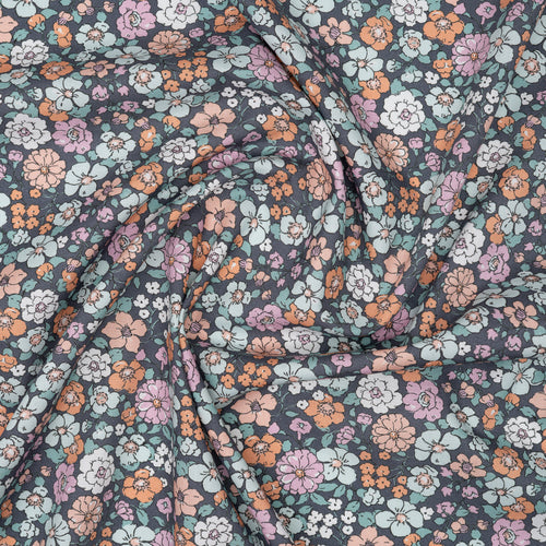 Bio Baumwolle Popeline Vintage Blume Bunt Orange Blau Grau | Stoffwerk