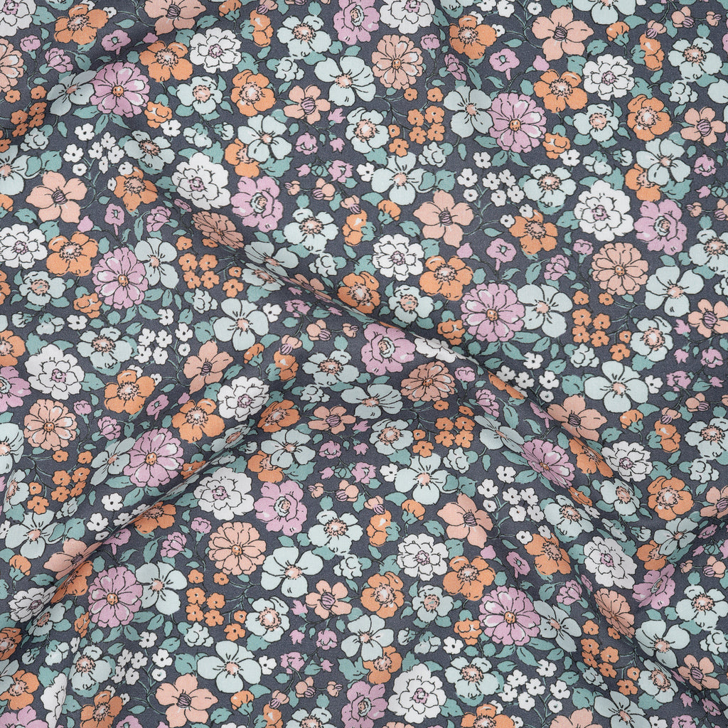 Bio Baumwolle Popeline Vintage Blume Bunt Orange Blau Grau | Stoffwerk