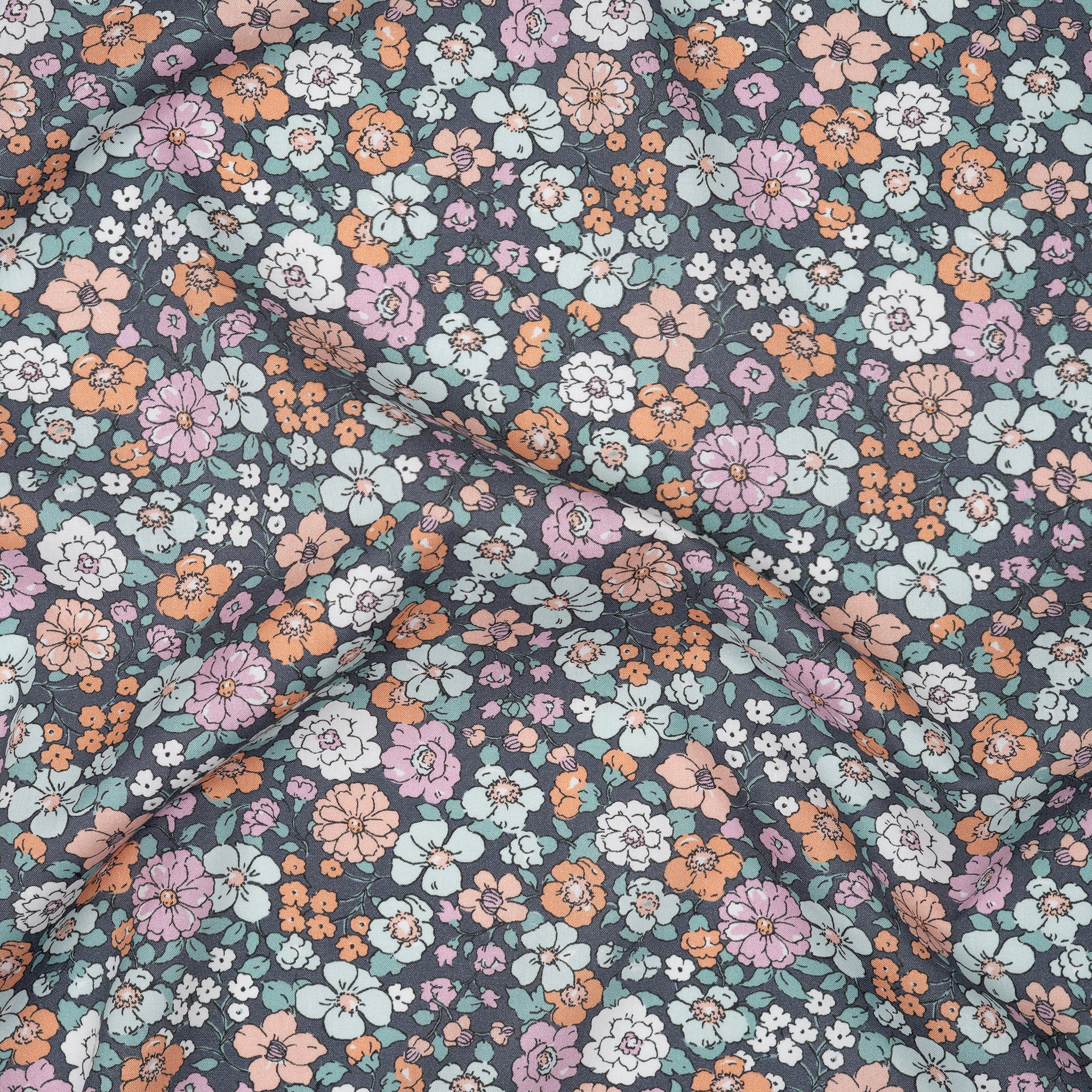 Bio Baumwolle Popeline Vintage Blume Bunt Orange Blau Grau | Stoffwerk