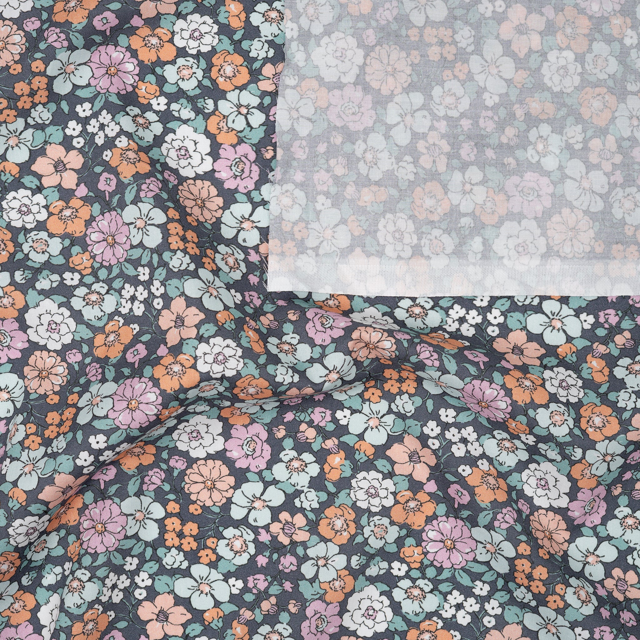 Bio Baumwolle Popeline Vintage Blume Bunt Orange Blau Grau | Stoffwerk
