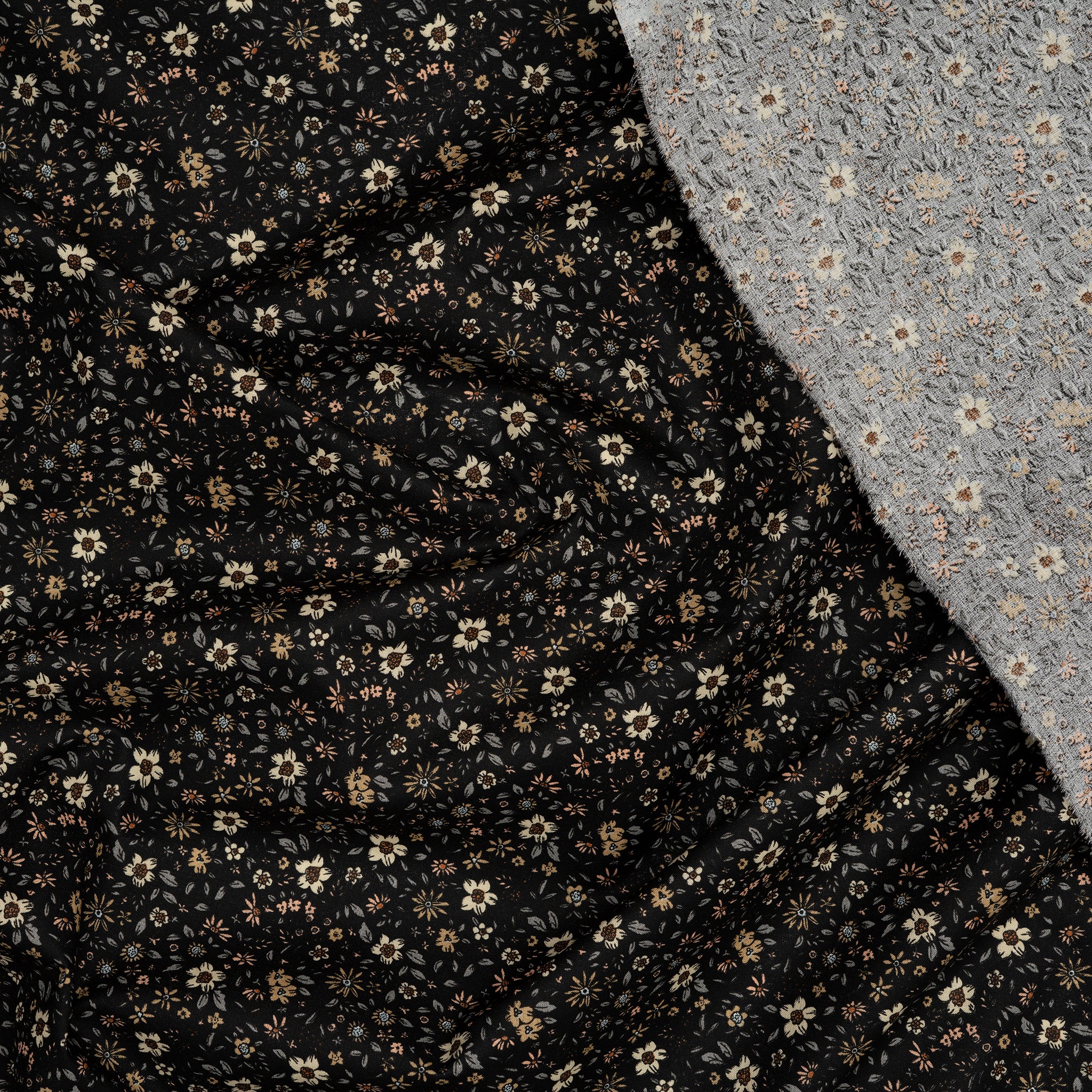 Bio Baumwolle Voile Blumen Vintage Scandi Fleur Schwarz | Stoffwerk