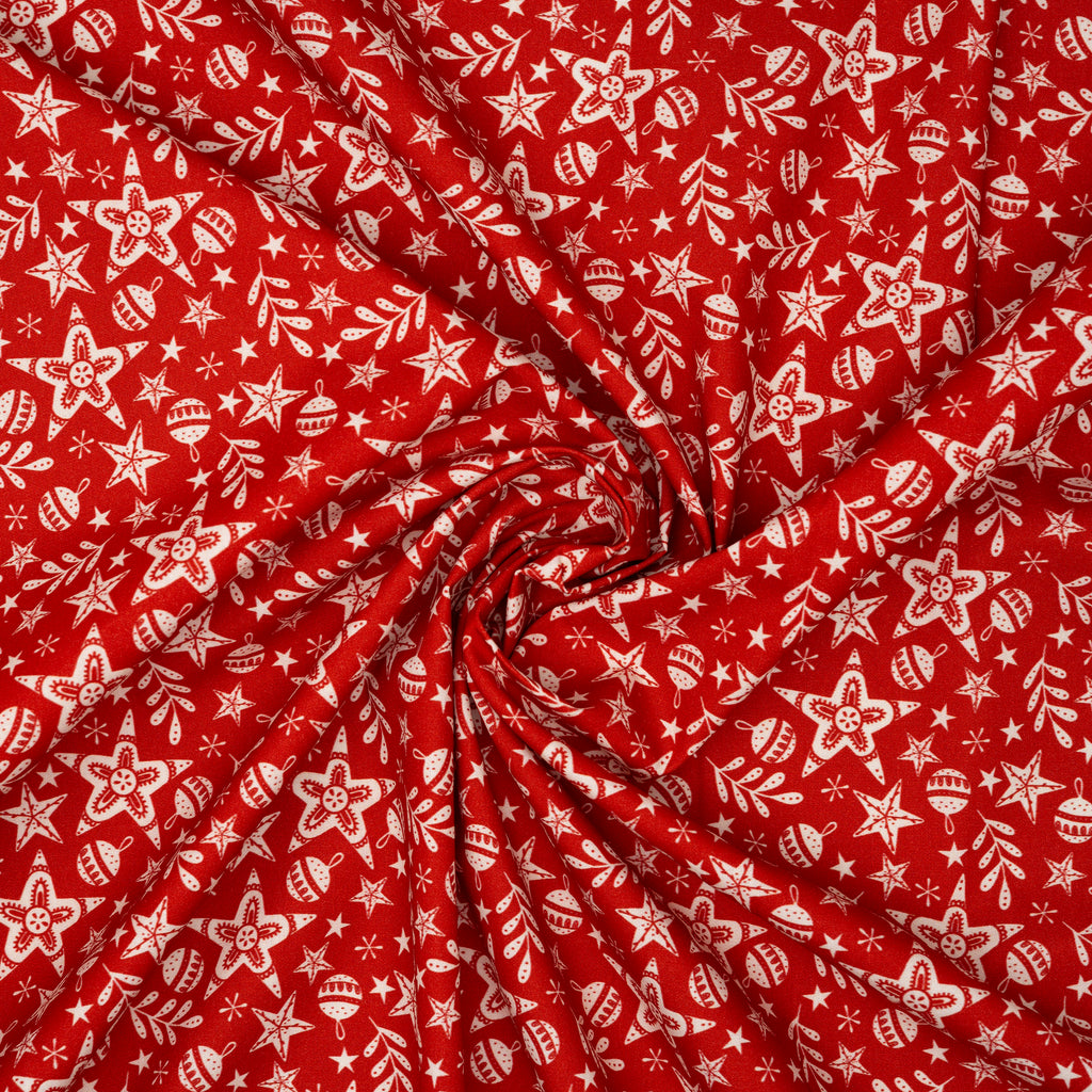 Bio Baumwolle Webware Christmas Village Stars And Balls Red