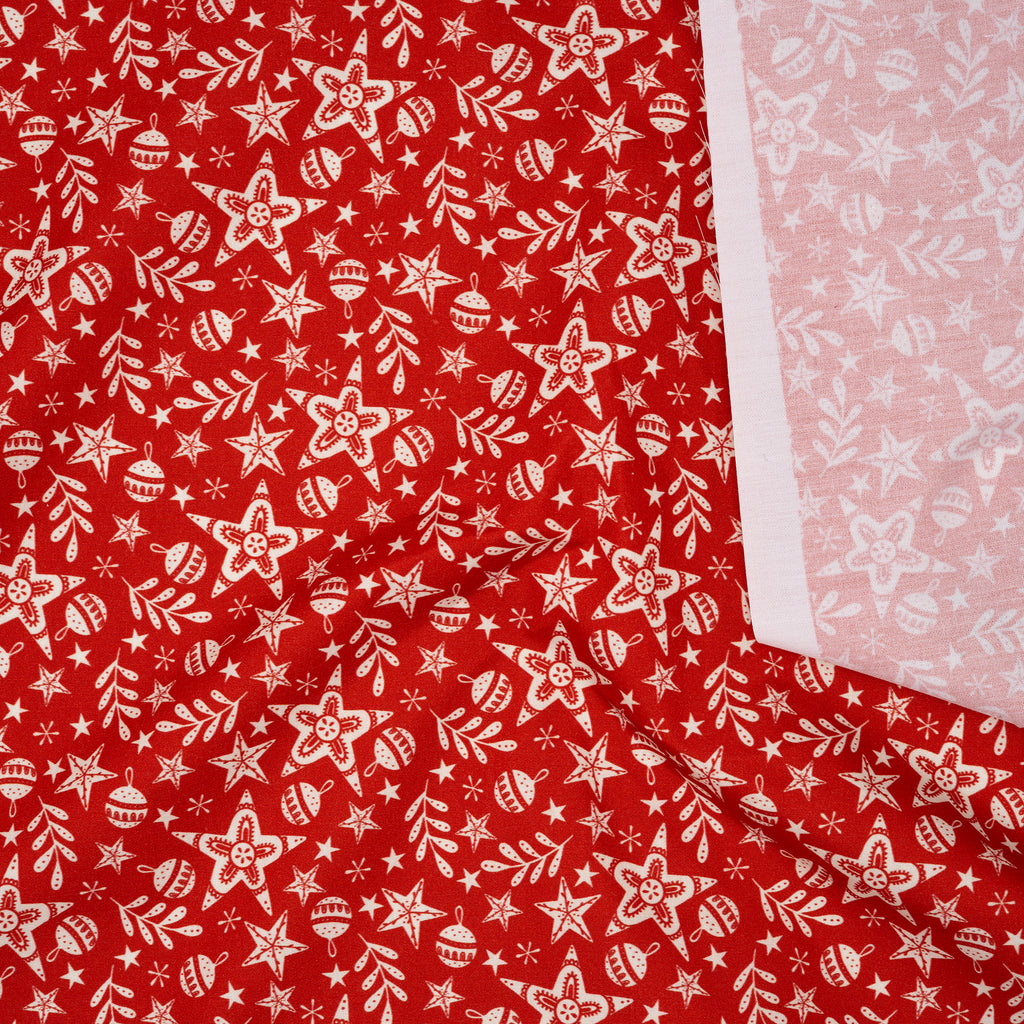 Bio Baumwolle Webware Christmas Village Stars And Balls Red