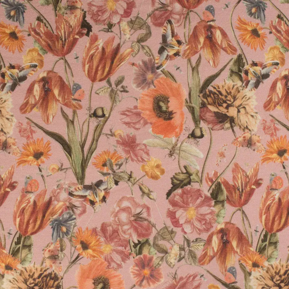 Bio French Terry große Blumenwiese nude orange grün
