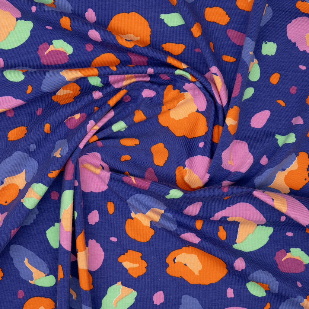 Bio Jersey Abstrakte Blumen Blau Orange Türkis | Stoffwerk