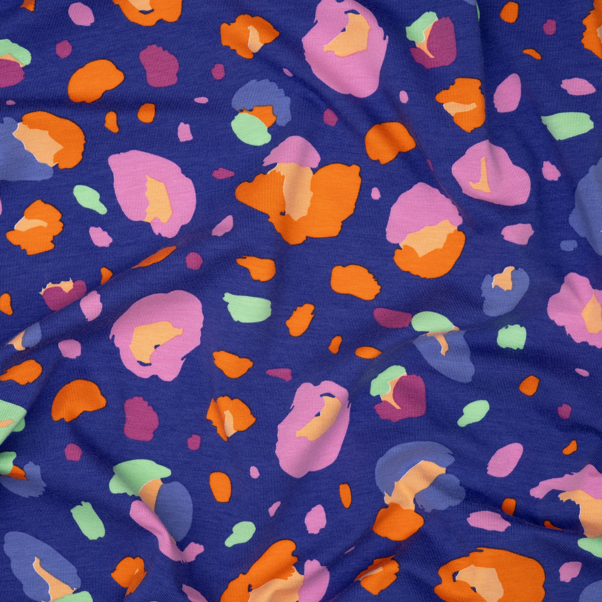 Bio Jersey Abstrakte Blumen Blau Orange Türkis | Stoffwerk