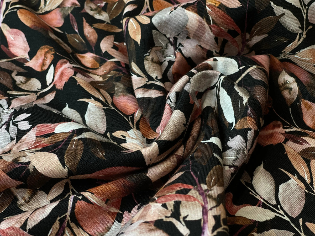 Bio Jersey Herbstblätter Schwarz | Stoffwerk