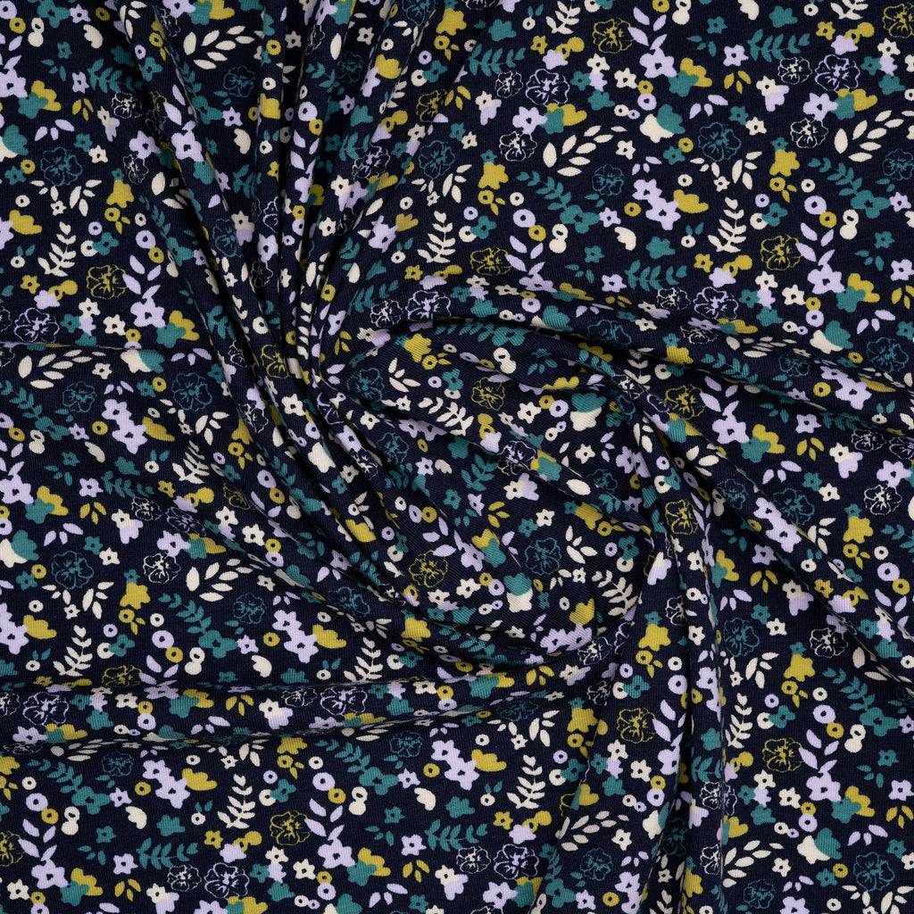 Bio Jersey Kleiner Blumenstrauß Blau Weiß Petrol | Stoffwerk