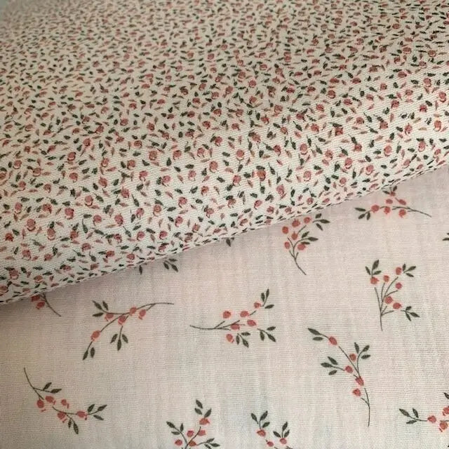 Bio Musselin Mini Flower Rosa Apricot Grün | Stoffwerk