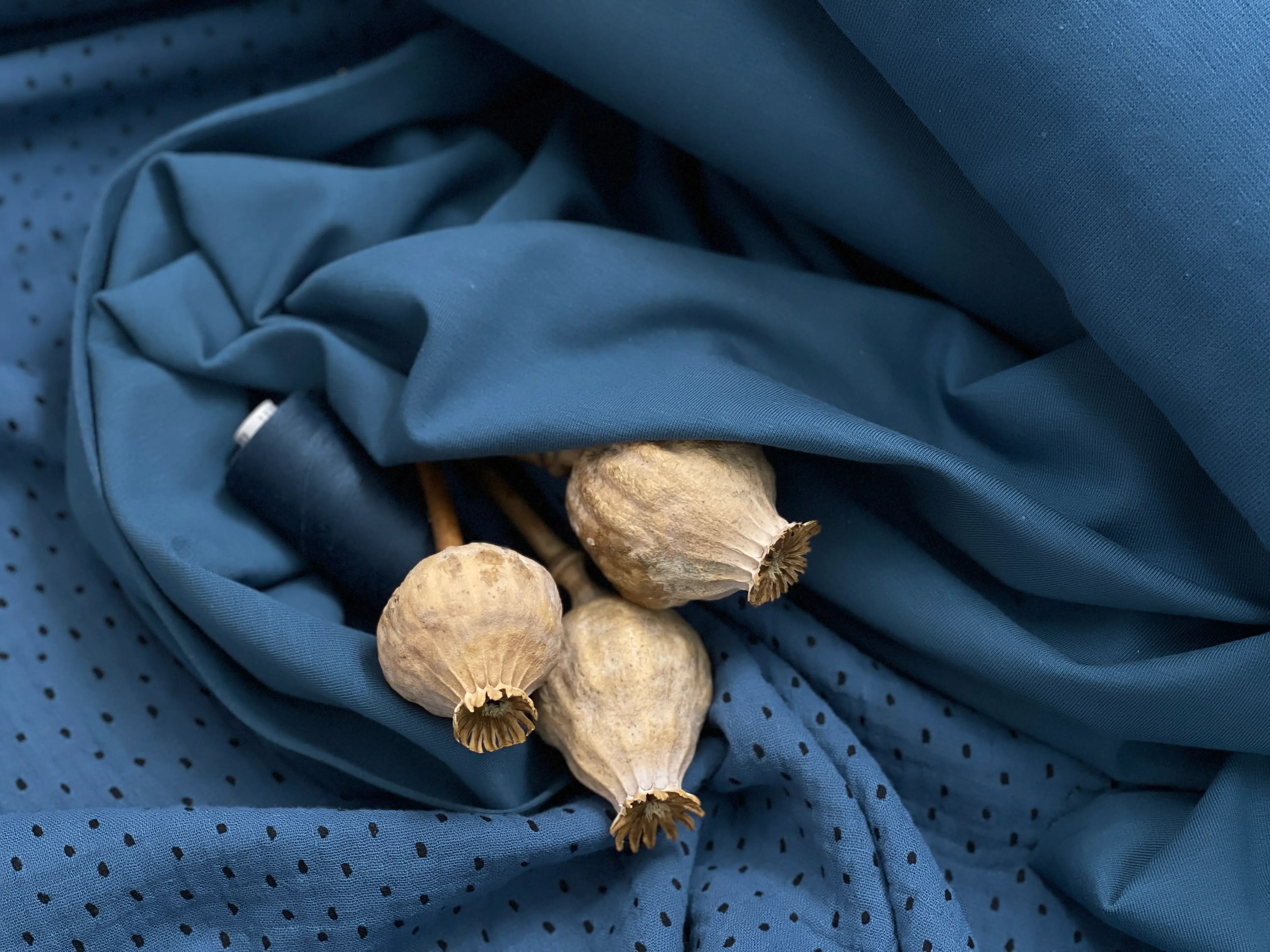 Bio Musselin Punkte dusty indigo