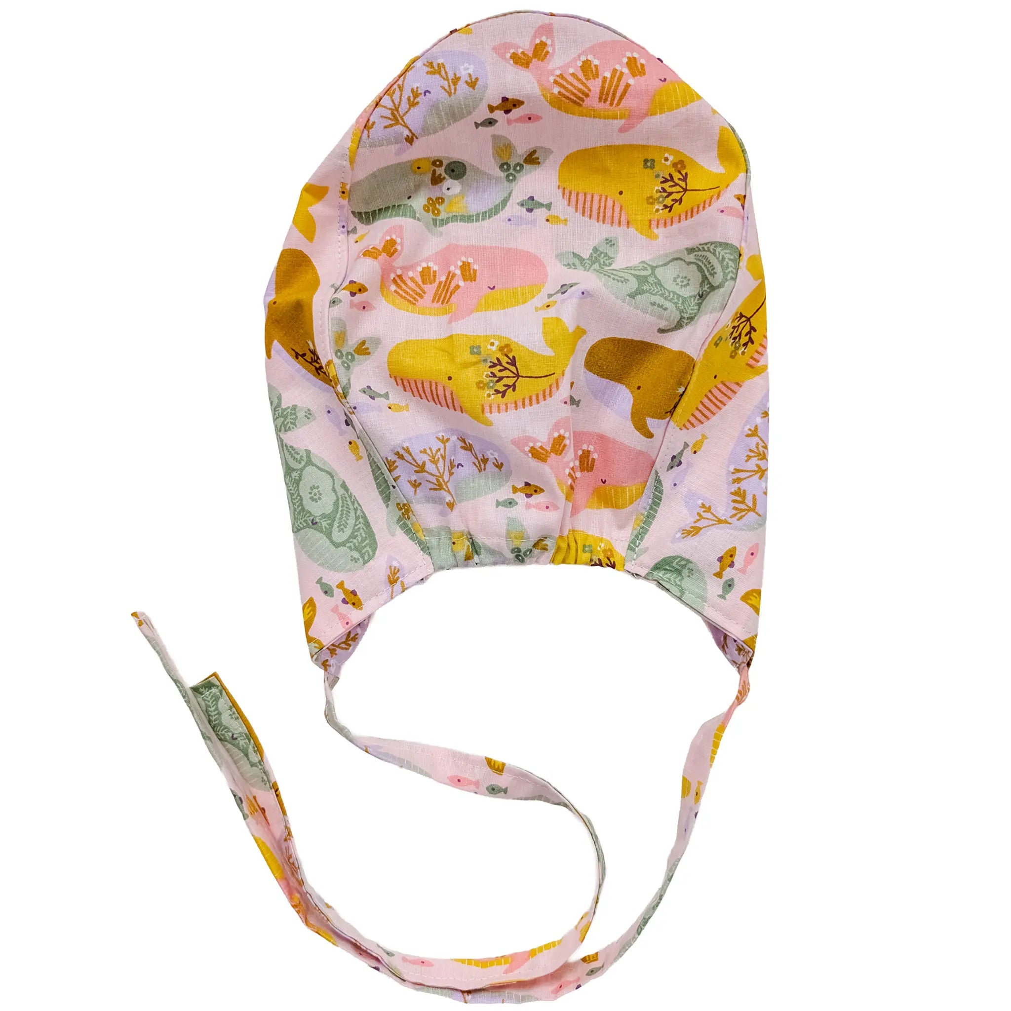 OP-Haube Popeline mit Gummi bunte Wale Grün Orange Lila Braun