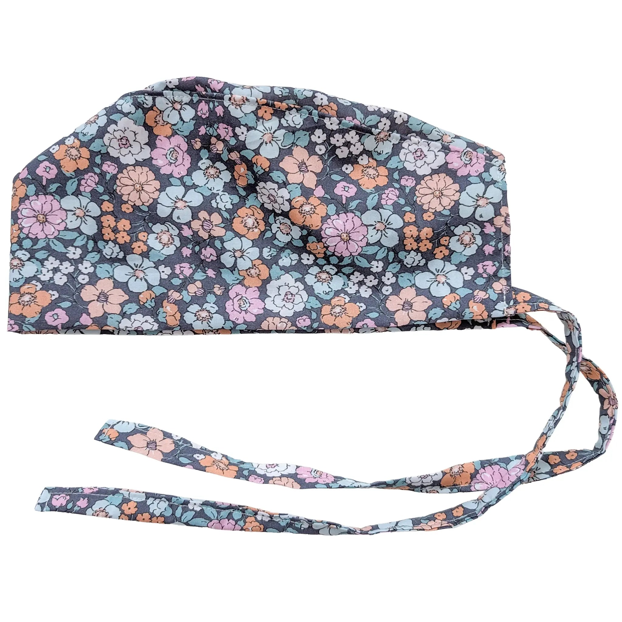 OP-Haube Popeline mit Gummi Vintage Blume Bunt Orange Blau Grau
