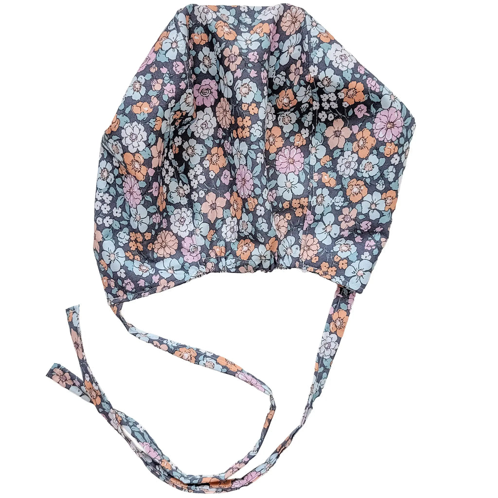 OP-Haube Popeline mit Gummi Vintage Blume Bunt Orange Blau Grau