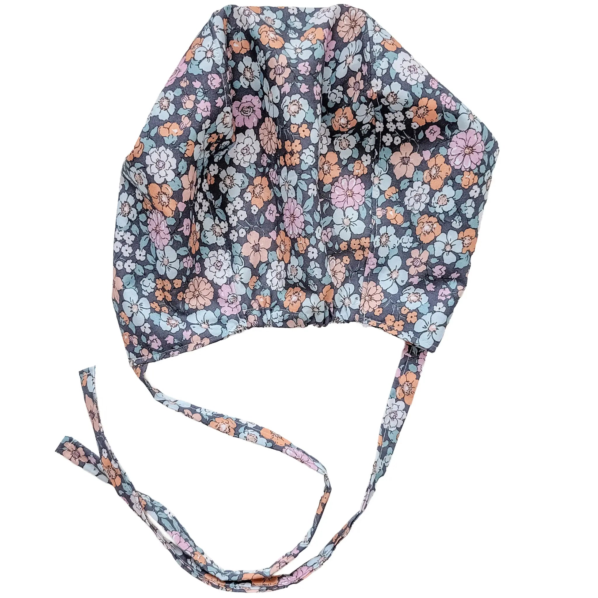 OP-Haube Popeline mit Gummi Vintage Blume Bunt Orange Blau Grau