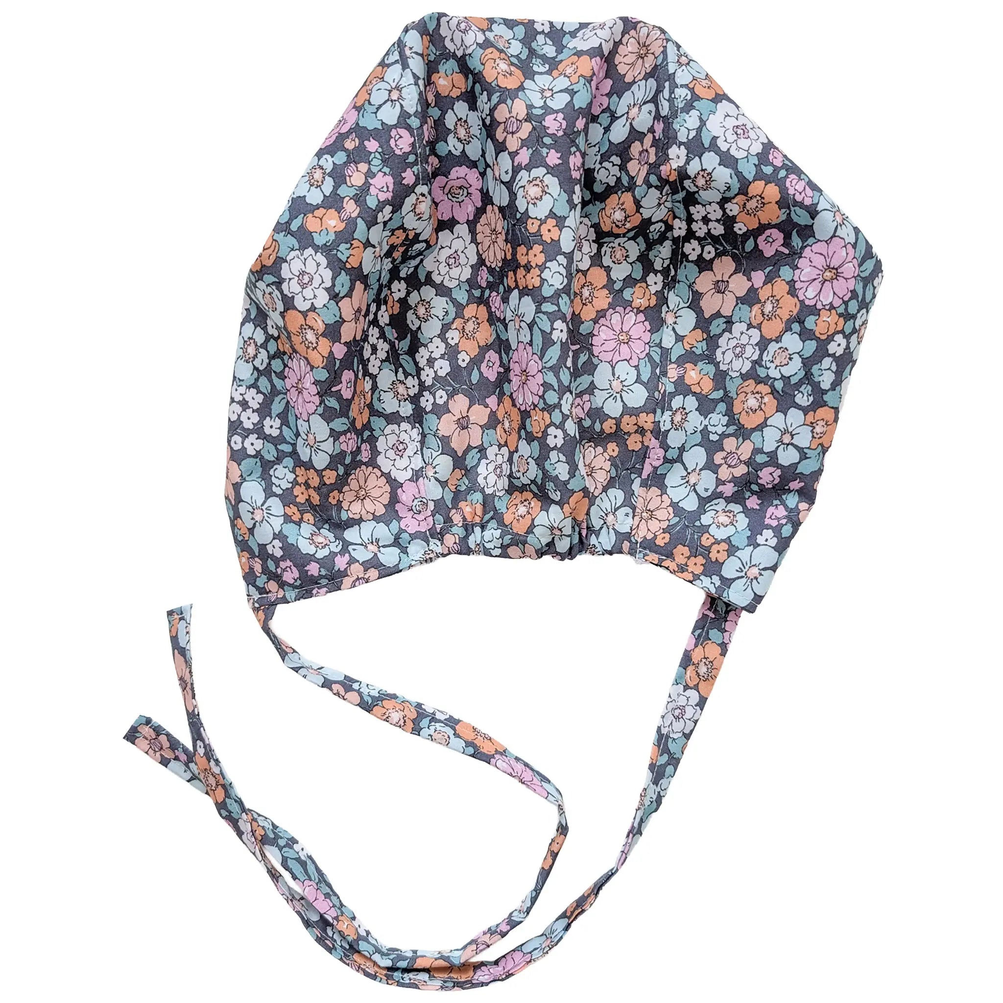 OP-Haube Popeline mit Gummi Vintage Blume Bunt Orange Blau Grau