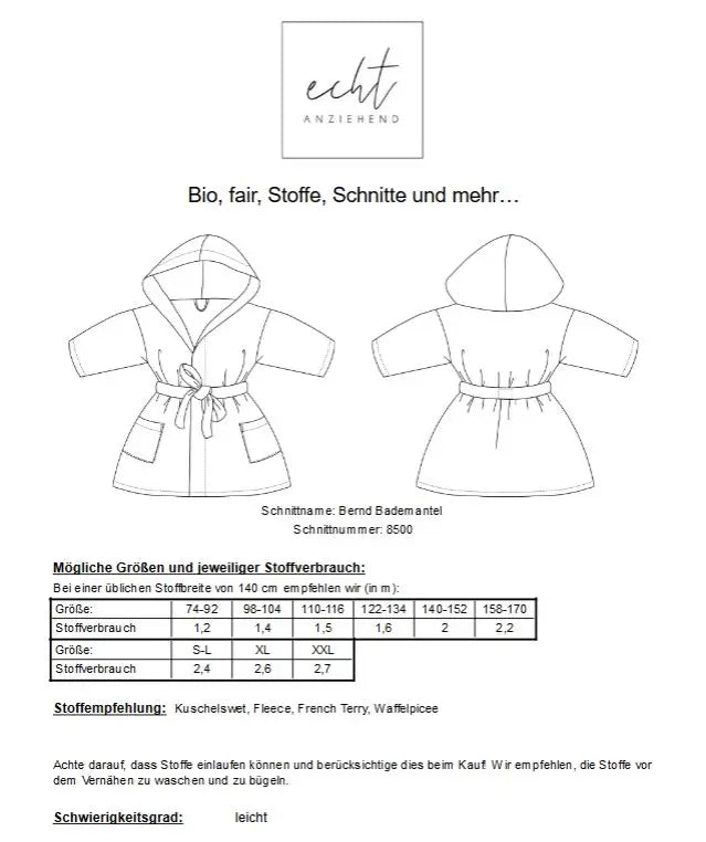 Schnittmuster Bademantel Bernd | Stoffwerk