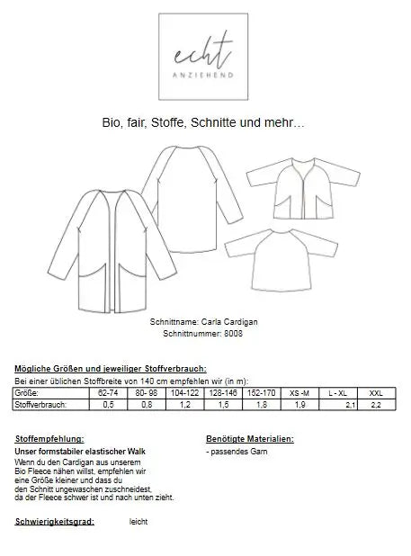 Schnittmuster Cardigan Carla | Stoffwerk