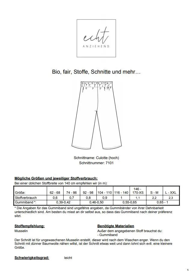 Schnittmuster Culotte (hoch) | Stoffwerk