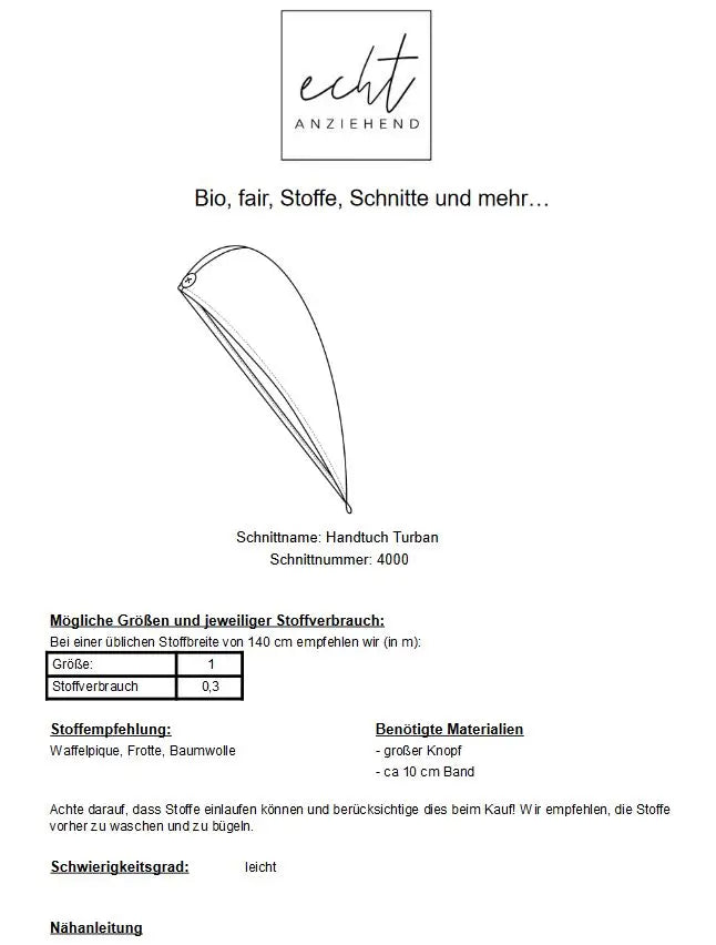 Schnittmuster Haarhandtuch Tina Turban