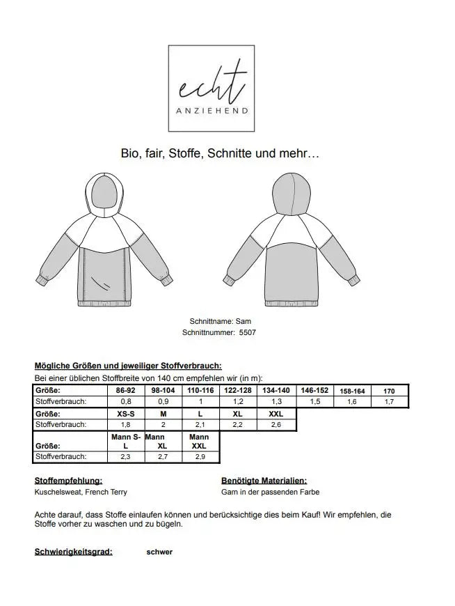 Schnittmuster Hoodie Sam