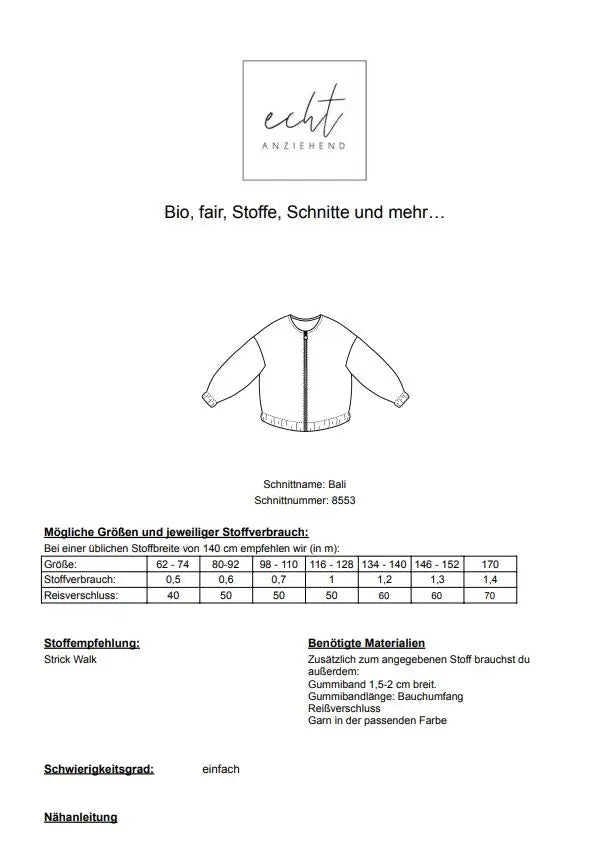 Schnittmuster Jacke Bali