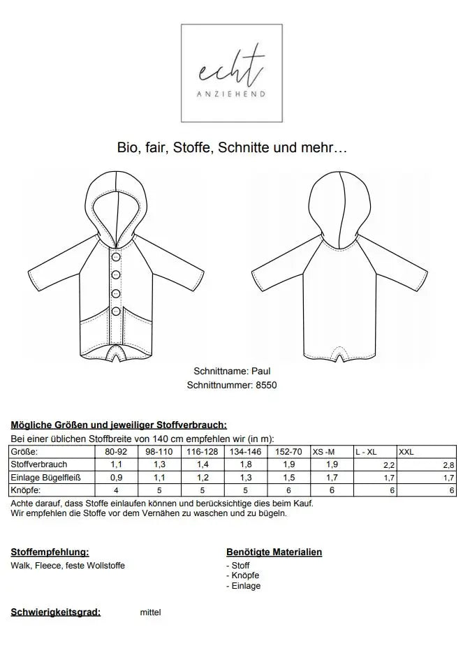 Schnittmuster Jacke Paul