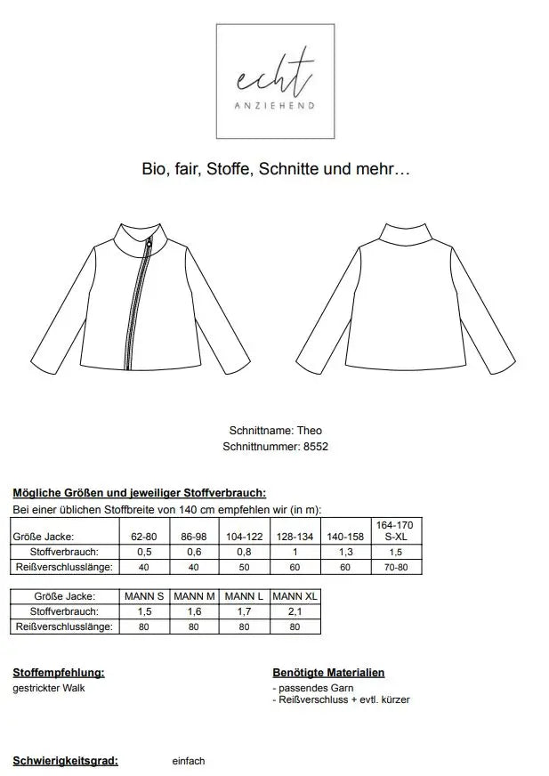 Schnittmuster Jacke Theo
