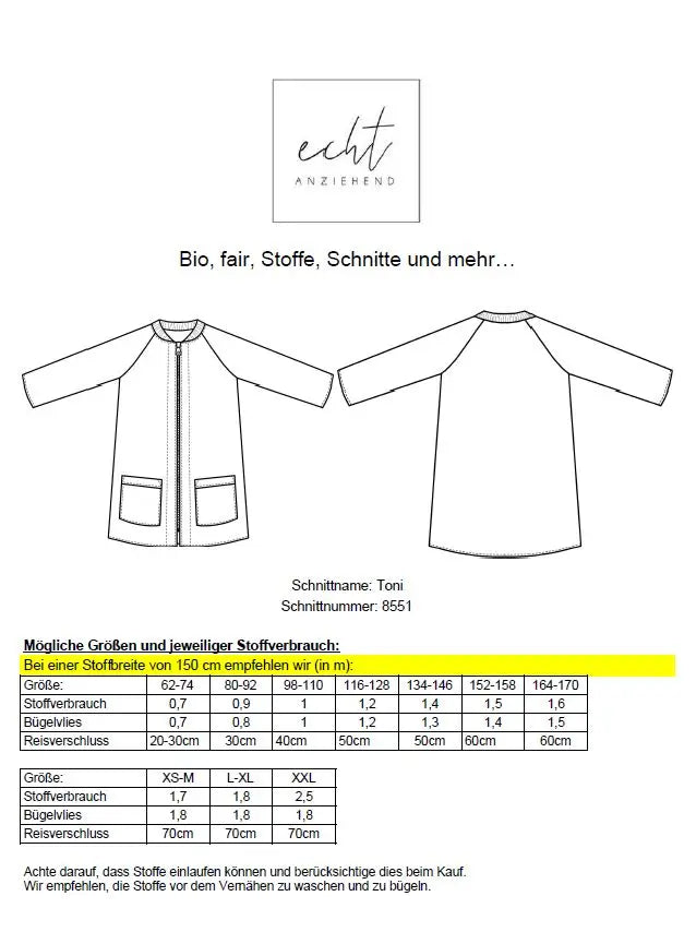 Schnittmuster Jacke Toni | Stoffwerk