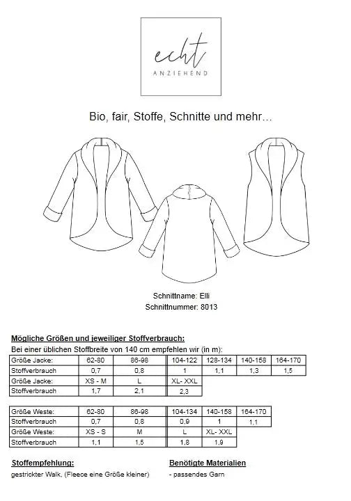 Schnittmuster Jacke/Weste Elli