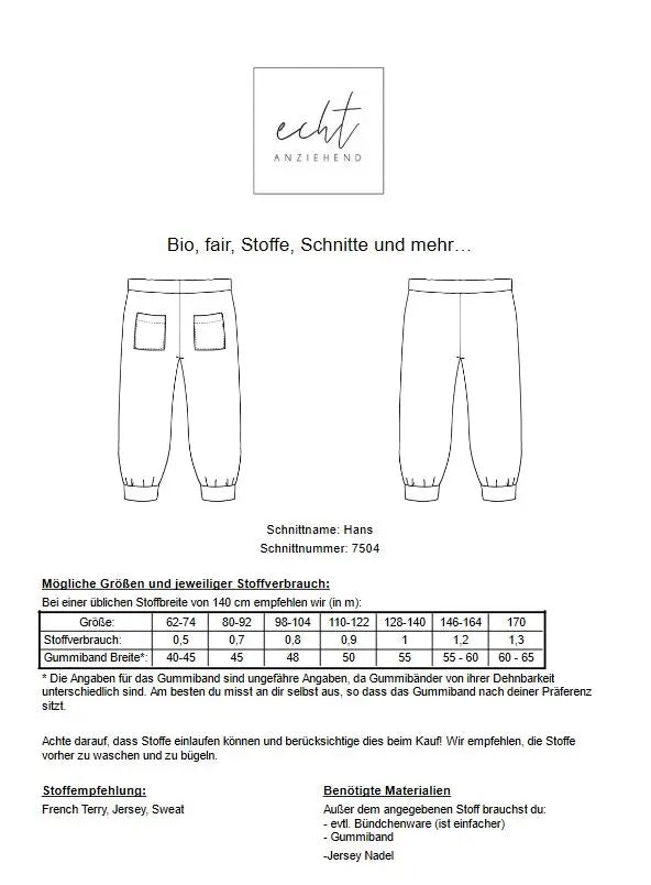 Schnittmuster Jogginghose Hans | Stoffwerk