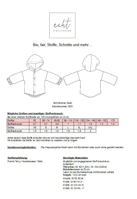 Schnittmuster Kapuzenjacke Noah