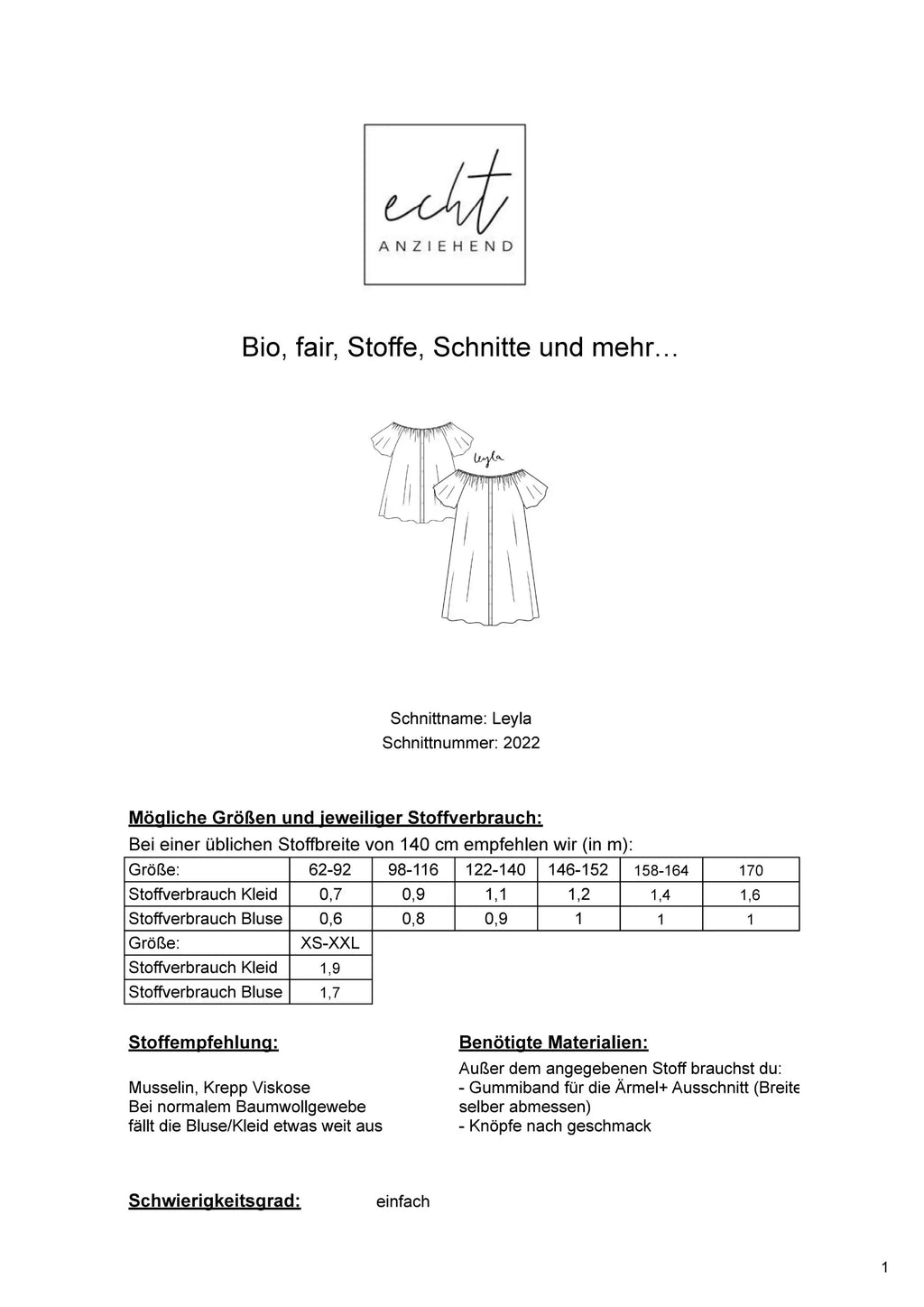 Schnittmuster Kleid/Bluse Leyla