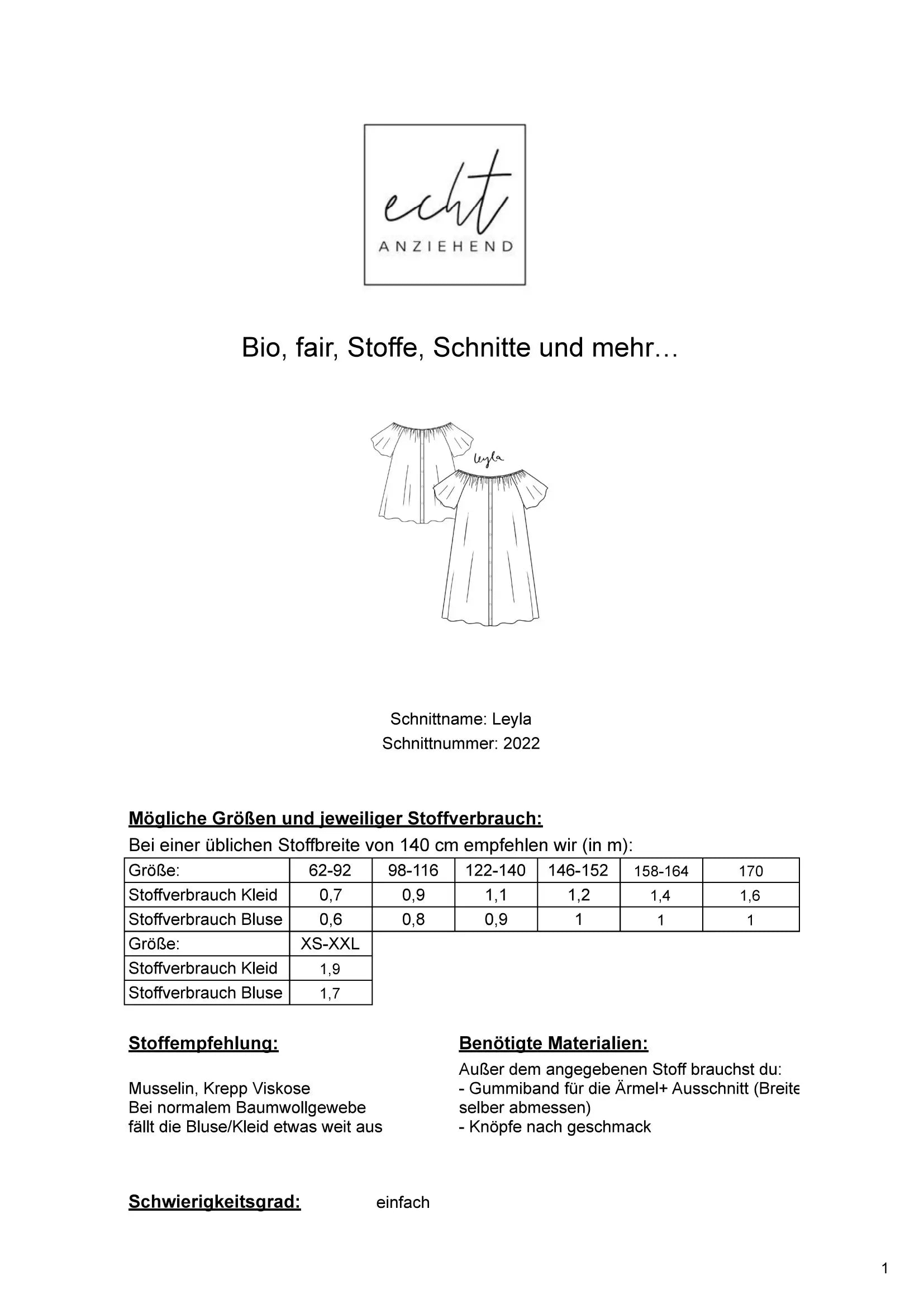 Schnittmuster Kleid/Bluse Leyla
