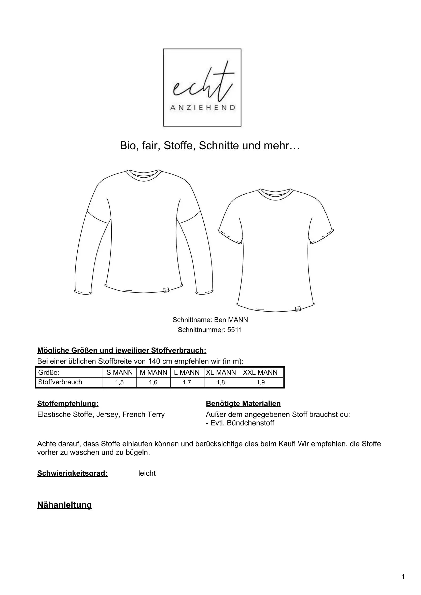 Schnittmuster Langarmshirt Ben
