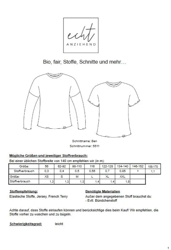 Schnittmuster Langarmshirt Ben