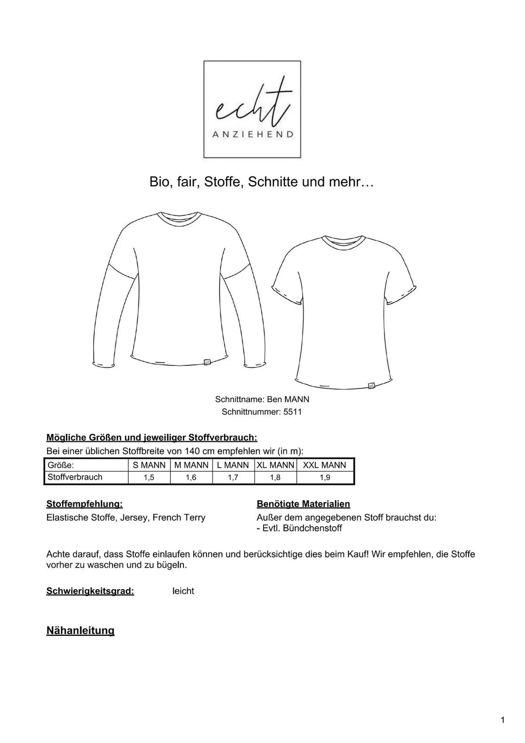 Schnittmuster Langarmshirt Ben | Stoffwerk