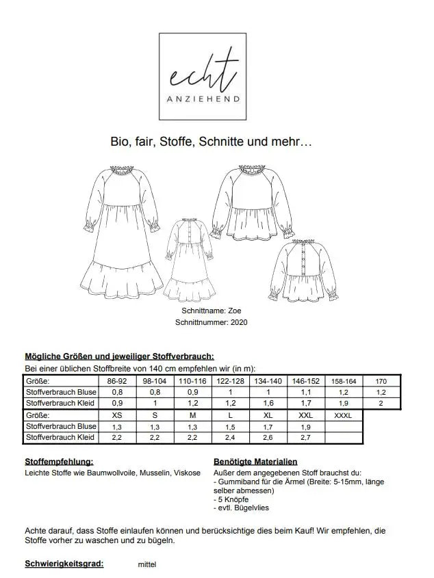 Schnittmuster Midikleid/Bluse Zoe