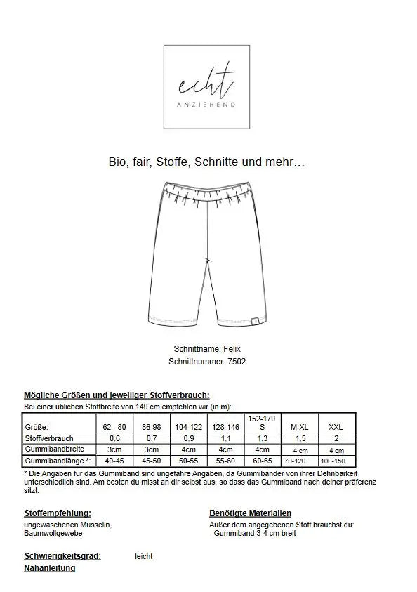 Schnittmuster Shorts Felix | Stoffwerk