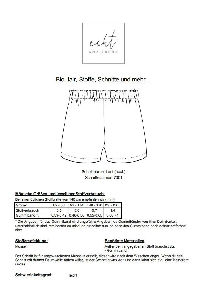 Schnittmuster Shorts Leni (hoch) | Stoffwerk