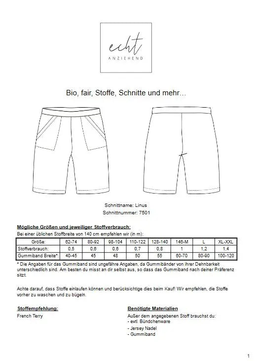 Schnittmuster Shorts Linus | Stoffwerk