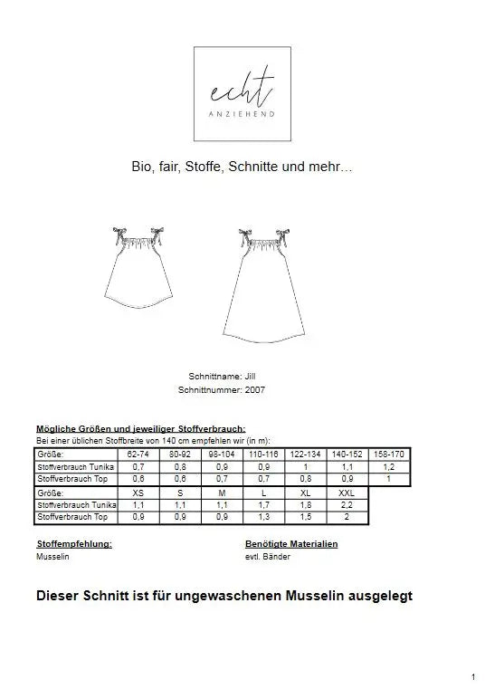 Schnittmuster Top/Tunika Jill