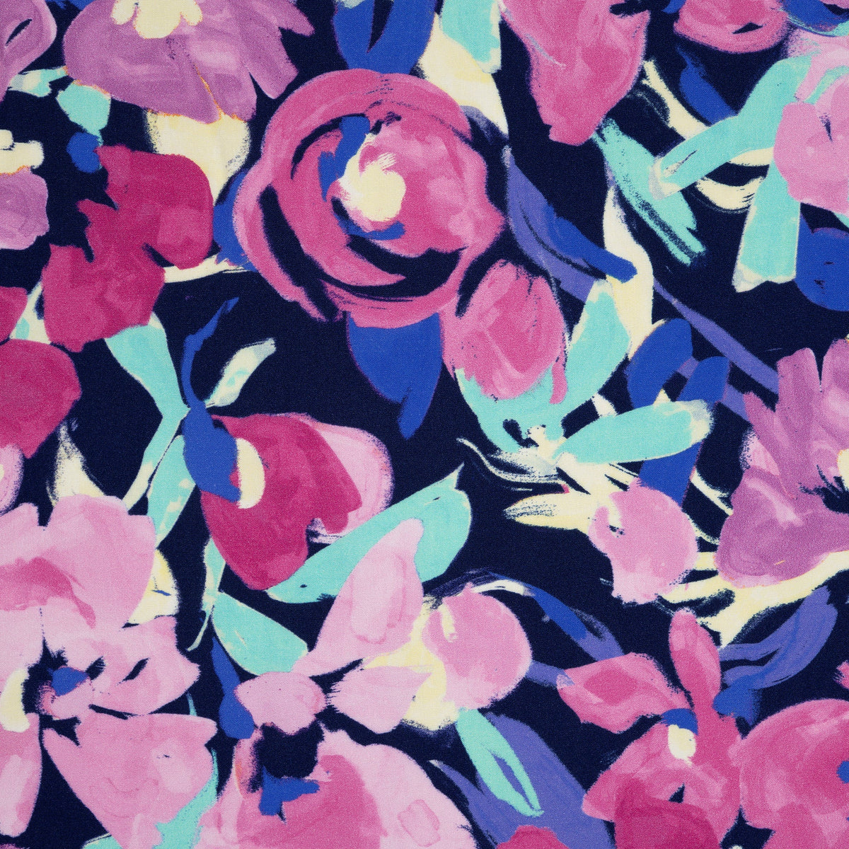 Viskose Große Aquarell-Blumen Nachtblau Mint Rosa Gelb
