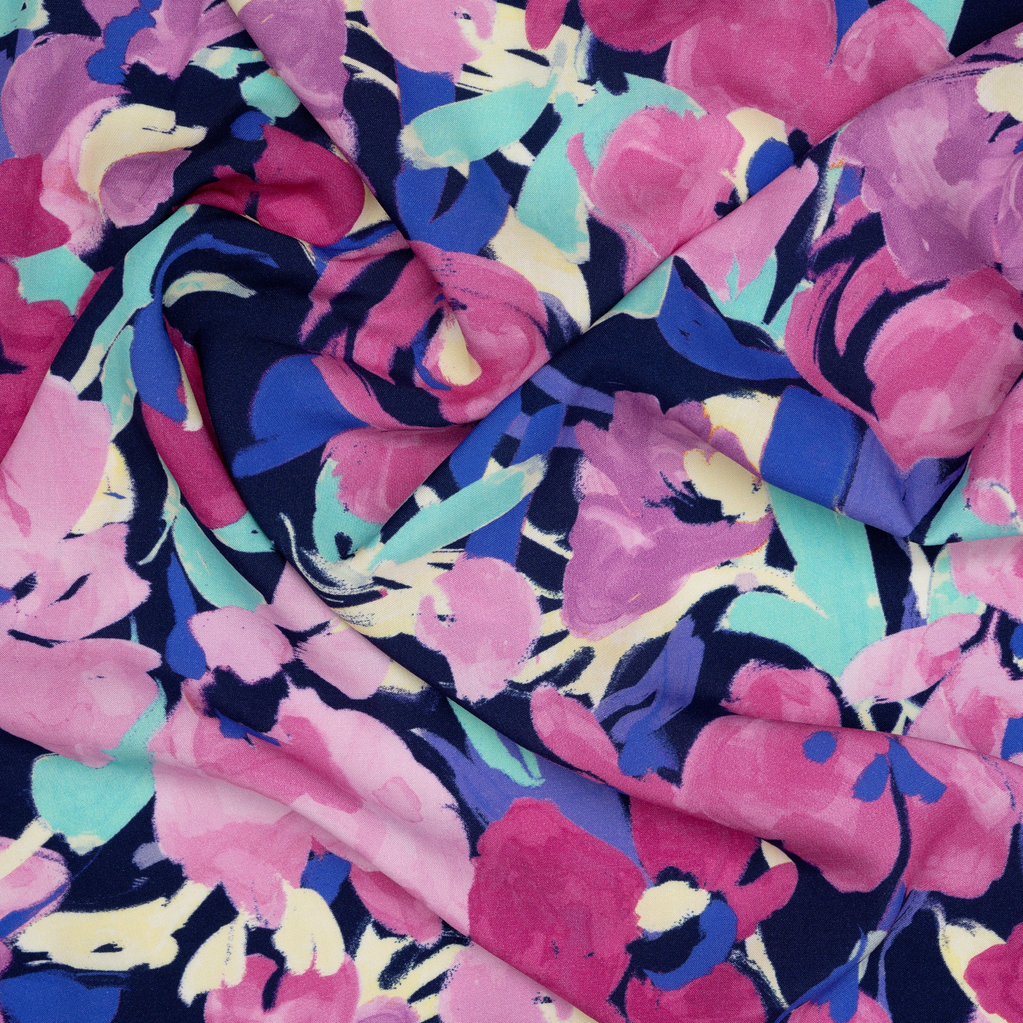 Viskose Große Aquarell-Blumen Nachtblau Mint Rosa Gelb | Stoffwerk